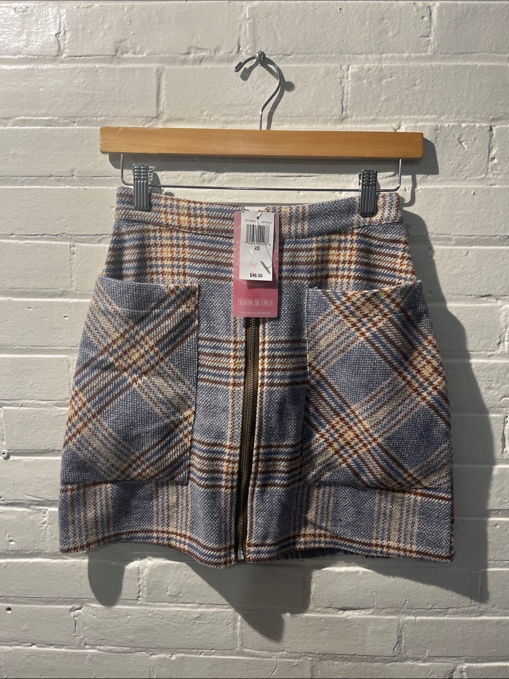 Front-Zip Plaid Mini Skirt in Blue and Brown NWT